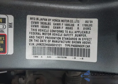2010 Honda Insight Lx from USA, damaged, VIN JHMZE2H53AS012121